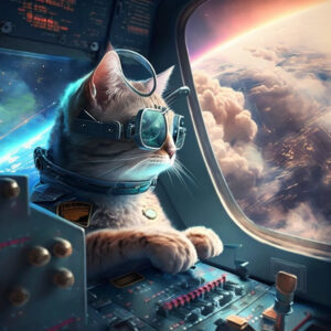 AIが描いた、「宇宙船を操縦する猫」