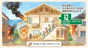 防炎塗装で木の燃え広がりを防ぎ、避難時間を生み出す