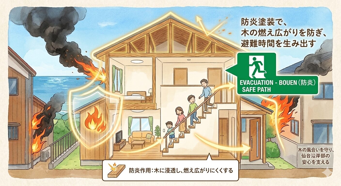防炎塗装で木の燃え広がりを防ぎ、避難時間を生み出す